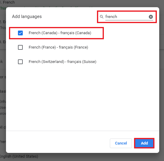Highlighted search bar and search for french(canada)